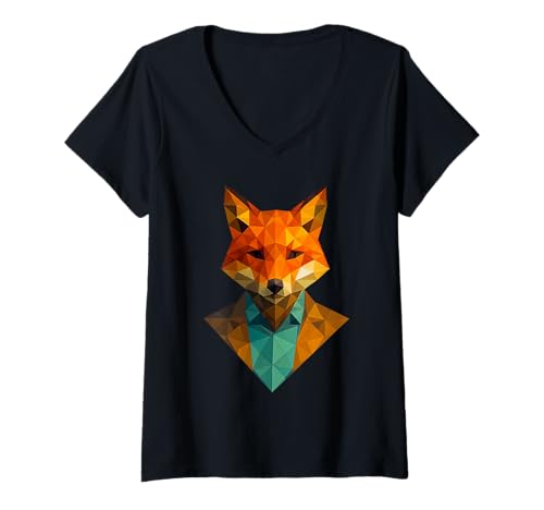 Damen Low Poly Fursona Fox Geometrischer Polygon Pelzanzug T-Shirt mit V-Ausschnitt Damen Low Poly Fursona Fox Geometrischer Polygon Pelzanzug T-Shirt mit V-Ausschnitt von Fursona Low Poly Furry Fox Cosplay Triangle Design