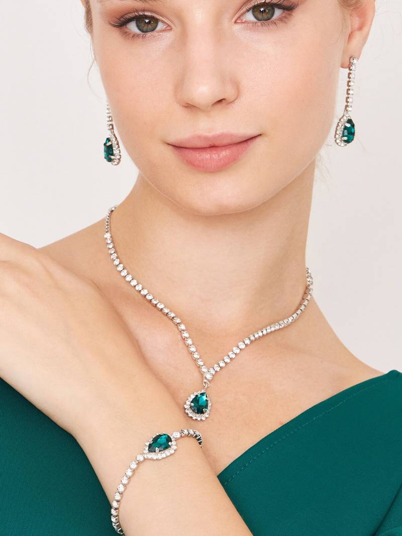 Smaragd Grün Kristall Braut Schmuck Set Versilberte Strass Halskette Ohrring Armband von FurtekJewelry
