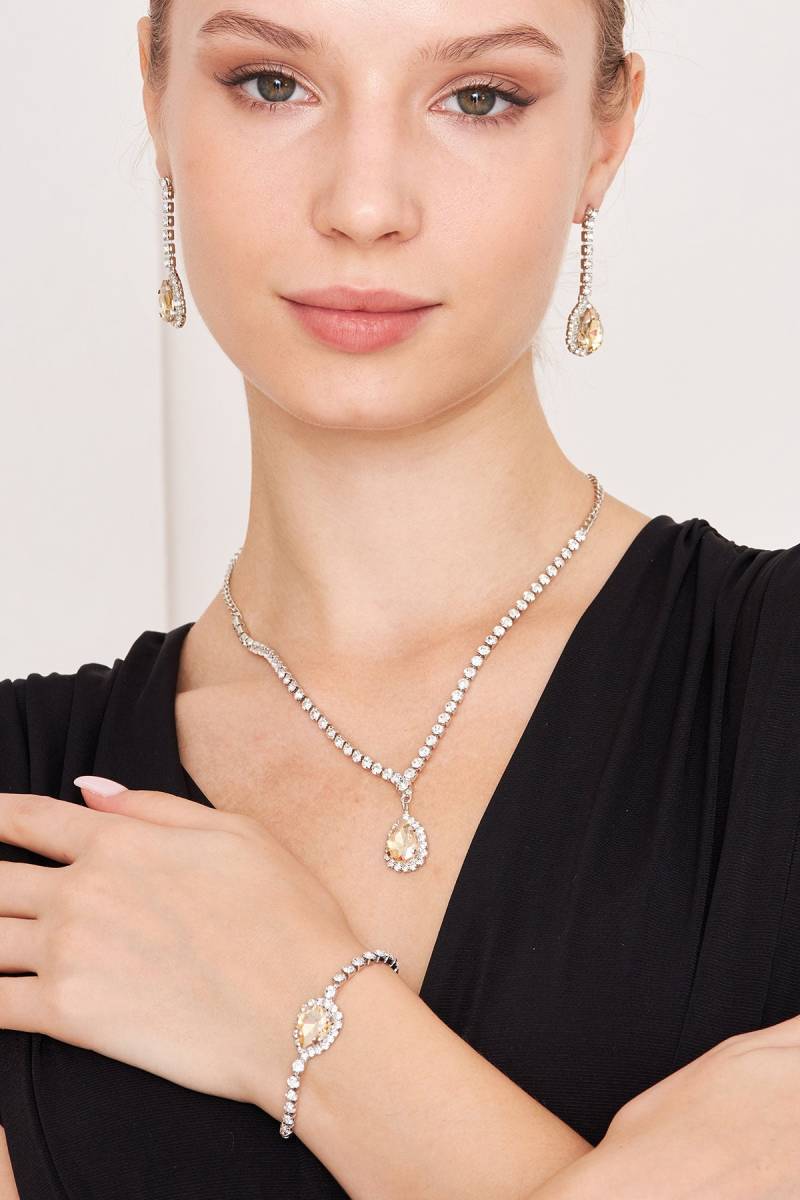 Zafiros Modell Gold Farbe Strass Braut Hochzeit Halskette Ohrringe Armband Set - Zirkon Kristallstein Diamant Silber Überzogene Schmuck-Set von FurtekJewelry