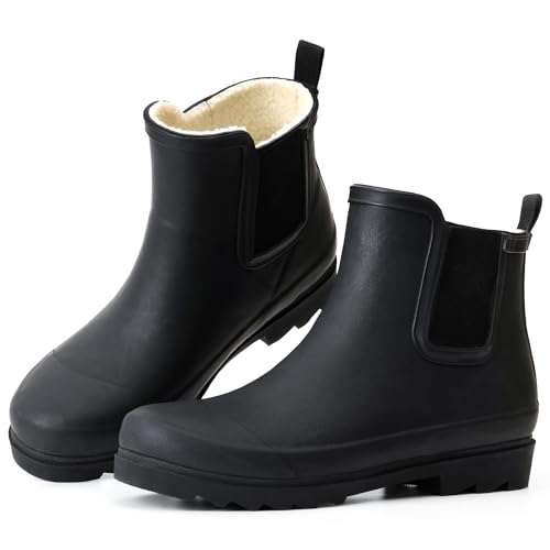 Damen Regenstiefel mit Plüschfutter Chelsea Boots Frauen Schneestiefel für Frauen Leichte Gummistiefel Winter Knöchel Regenstiefel rutschfest Wasserdicht Outdoor Arbeitsschuhe Angeln Gartenarbeit von Furuian