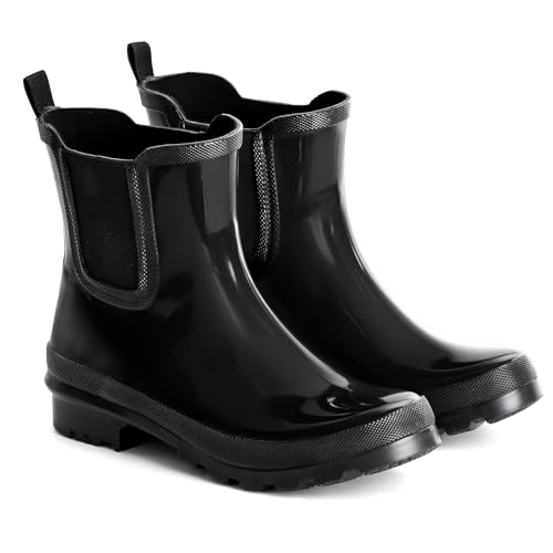 Furuian Damen Stiefeletten Regenstiefel Gummistiefel Wasserdicht Chelsea Regenstiefel Kurz Gartenschuhe Bequeme Regenschuhe Leichte Arbeitsschuhe für Frauen, Schwarz Lack, 42 EU von Furuian