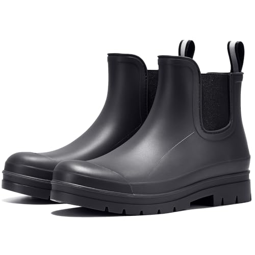 Furuian Damen Stiefeletten Regenstiefel Wasserdicht Chelsea Regenstiefel Gummistiefel Frauen Kurz Gartenstiefel Rutschfest Outdoor Leicht Arbeitsstiefel, Schwarz, 38.5 EU von Furuian