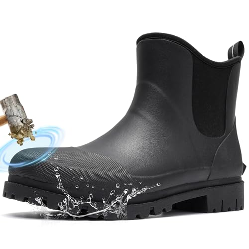 Furuian Herren Stahlkappe Regenstiefel Knöchel Gummi Arbeitsstiefel Chelsea Regenstiefel Wasserdicht Schlammschuhe Rutschfeste Konstruktionsschuhe für Landwirtschaft, Industrie, Arbeit, Jagd, Schwarz von Furuian