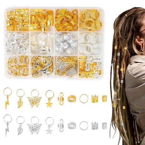 Furuising 200 Stück Aluminium Haarschmuck Dreadlocks, Haar Schmuck, Metall Schmuck Haare Ringe Gold und Silber mit Aufbewahrungsbox für Männer und Frauen von Furuising