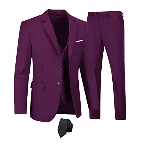 Furuyal Herren-Anzüge, 3-teilig, schmale Passform, Anzug-Set, zwei Knöpfe, Hochzeit, Business, Smoking, solide Blazer, Jacke, Weste, Hose mit Krawatte, Traube, M von Furuyal