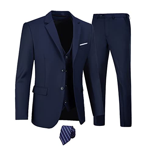 Furuyal Herren Anzüge 3-teiliges Slim Fit Anzug-Set, Zwei Knöpfe, Hochzeit, Business, Smoking, solide Blazer, Jacke, Weste, Hose mit Krawatte, Marineblau, L Furuyal Herren Anzüge 3-teiliges Slim Fit Anzug-Set, Zwei Knöpfe, Hochzeit, Business, Smoking, solide Blazer, Jacke, Weste, Hose mit Krawatte, Marineblau, L von Furuyal