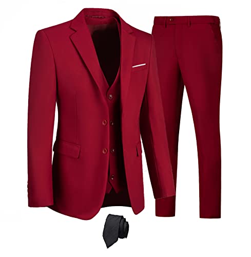 Furuyal Herren Anzüge 3-teiliges Slim Fit Anzug-Set, zwei Knöpfe, Hochzeit, Business, Smoking, solide Blazer, Jacke, Weste, Hose mit Krawatte, Burgunderrot, S von Furuyal