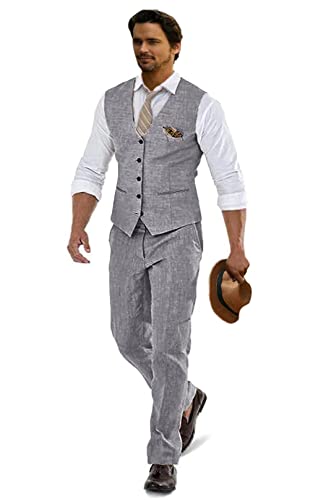 Furuyal Leinenanzüge für Herren, lässig, Hochzeit, 2-teilig, Anzüge für Trauzeugen, Smoking, Sommer, Strand, Abschlussball, Weste und Hose, Grau, 3XL von Furuyal