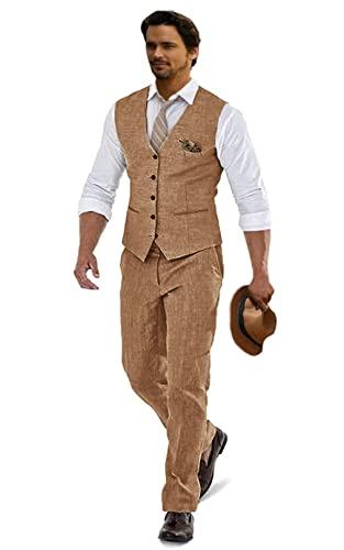 Furuyal Leinenanzüge für Herren, lässig, Hochzeit, 2-teilig, Anzüge für Trauzeugen, Smoking, Sommer, Strand, Abschlussball, Weste und Hose, Khaki, L von Furuyal