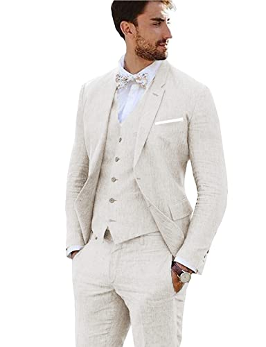 Furuyal Leinenanzug, 3-teilig, Vintage-Retro-Stil, Hochzeit, Abschlussball, Anzüge, schmale Passform, Jacke, Blazer, Bräutigam, Smoking, Elfenbein, XX-Large von Furuyal
