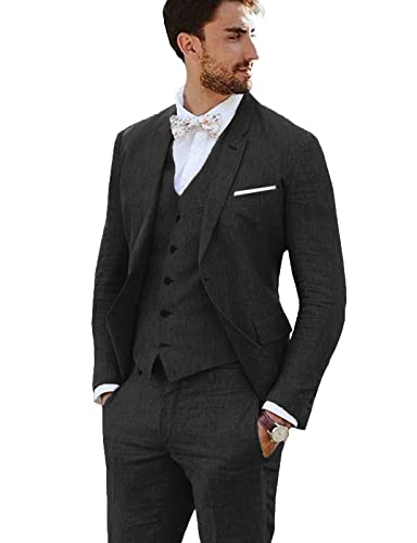 Furuyal Leinen Anzug 3 Stücke Vintage Retro Hochzeit Prom Anzüge Slim Fit Jacke Blazer Bräutigam Smoking, Schwarz, L von Furuyal