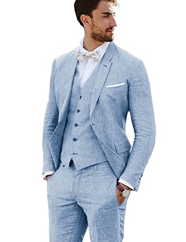 Furuyal Leinenanzug 3-teilig Vintage Retro Hochzeit Abschlussball Anzüge Slim Fit Jacke Blazer Bräutigam Smoking, Blau, M von Furuyal