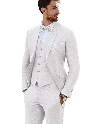 Furuyal Leinenanzug 3-teilig Vintage Retro Hochzeit Abschlussball Anzüge Slim Fit Jacke Blazer Bräutigam Smoking, Weiss/opulenter Garten, L von Furuyal