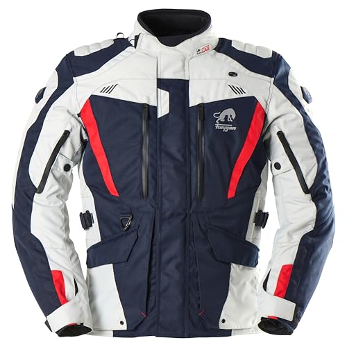 Furygan Men's Apalaches Evo – Motorradjacke Herren Ganzjährig – Wasserdicht, atmungsaktiv – D3O-Protektoren – Abnehmbares Thermofutter – 12 Taschen, Blau-Perlen-Rot, 4XL von Furygan