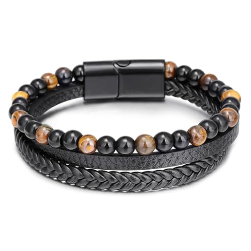 Fusamk Mehrschichtiges, geflochtenes Leder-Manschetten-Armband mit Tigerauge, Lavasteinperlen (HPTES) von Fusamk