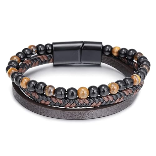 Fusamk Mehrschichtiges geflochtenes Leder-Manschettenarmband Tigerauge, Lavastein-Perlen (ZPTES) von Fusamk