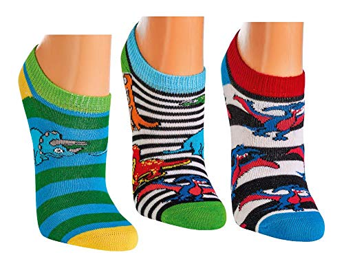 6 Paar Kinder Sneakersocken, handgekettelt, mit Motiv Freche Bande, Gute Laune Ringel und Dino für Mädchen und Jungen (Dinos, 23-26) von FussFreunde