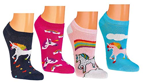 6 Paar Kinder Sneakersocken, handgekettelt, mit Motiv Freche Bande, Gute Laune Ringel und Dino für Mädchen und Jungen (Einhorn, 27-30) von FussFreunde