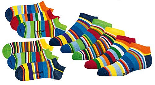 6 Paar Kinder Sneakersocken, handgekettelt, mit Motiv Freche Bande, Gute Laune Ringel und Sunny für Mädchen und Jungen (GuteLauneRingel, 23-26) von FussFreunde