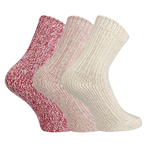 FussFreunde 3 Paar superweiche Norwegersocken, Söckchen mit Wolle für Babys und Kinder mit zusätzlicher Garantie (Wollweiß/Rosa/Rot sortiert, 35-38) von FussFreunde