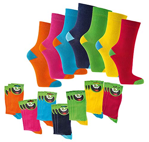 FussFreunde Kinder Socken, handgekettelt, 6 Paar für Mädchen/Jungen, weiche Baumwolle,GUTE LAUNE FARBEN (Gelb, 35-38 = 9-10 Jahre) von FussFreunde