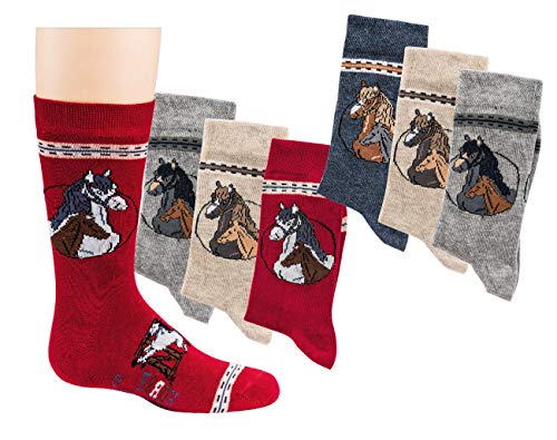 FussFreunde Kinder Socken, handgekettelt, 6 Paar für Mädchen/Jungen, weiche Baumwolle, Motiv Pferde (Pferde, 35/38) von FussFreunde