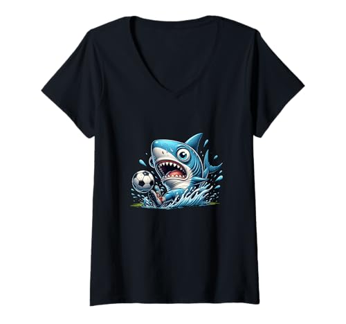 Damen Fussball Hai Splash Kick Niedlich Cartoon Spieler T-Shirt mit V-Ausschnitt Damen Fussball Hai Splash Kick Niedlich Cartoon Spieler T-Shirt mit V-Ausschnitt von Fussball Hai Kinder Cartoon Lustig Ozean Kicker
