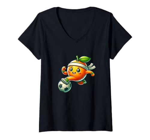 Damen Orange Fussballer Kawaii Cartoon Niedlich T-Shirt mit V-Ausschnitt Damen Orange Fussballer Kawaii Cartoon Niedlich T-Shirt mit V-Ausschnitt von Fussball Orange Kawaii Lustig Sport Kinder