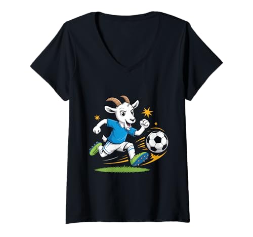 Damen Ziege Stürmer Goat Fußball Cartoon Spieler Dribbling T-Shirt mit V-Ausschnitt Damen Ziege Stürmer Goat Fußball Cartoon Spieler Dribbling T-Shirt mit V-Ausschnitt von Fußball Ziege GOAT Kicker Teamgeist Kinder Fans
