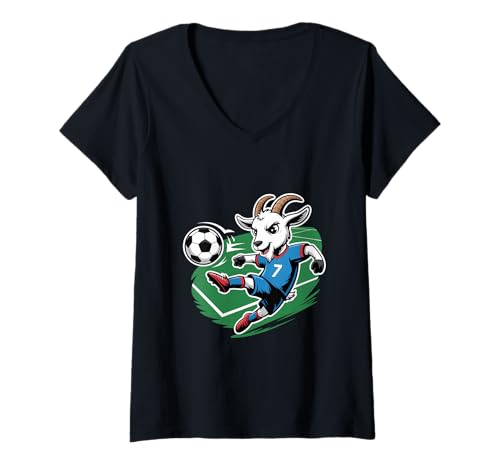 Damen Ziegen Kicker Fußball Nummer 7 Comic Stürmer Action Platz T-Shirt mit V-Ausschnitt Damen Ziegen Kicker Fußball Nummer 7 Comic Stürmer Action Platz T-Shirt mit V-Ausschnitt von Fußball Ziege Torjäger Nummer 7 Maskottchen