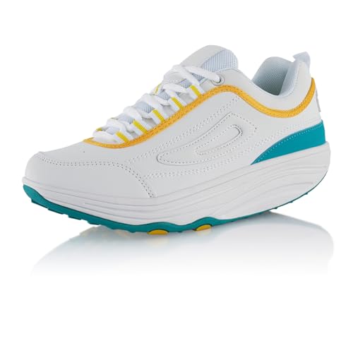 Fusskleidung® Damen Herren Sneaker Abrollsohle Sportschuhe leichte Gesundheitsschuhe Weiss Gelb Türkis EU 36 von Fusskleidung