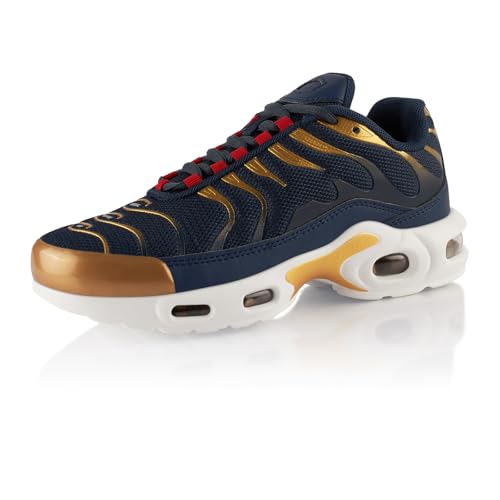 Fusskleidung® Damen Herren Sportschuhe Dämpfung Sneaker leichte Laufschuhe Dunkelblau Gold EU 39 von Fusskleidung