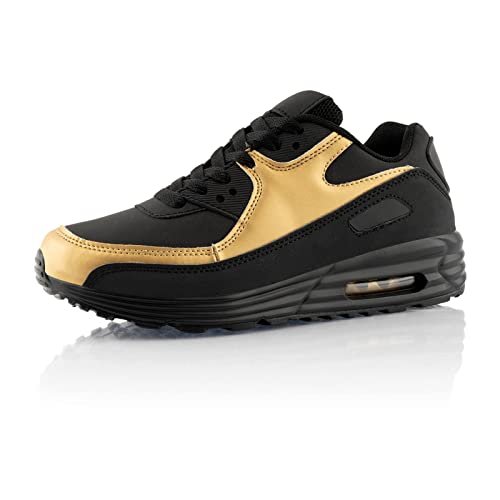 Fusskleidung® Damen Herren Sportschuhe Dämpfung Sneaker leichte Laufschuhe Schwarz Gold EU 38 von Fusskleidung