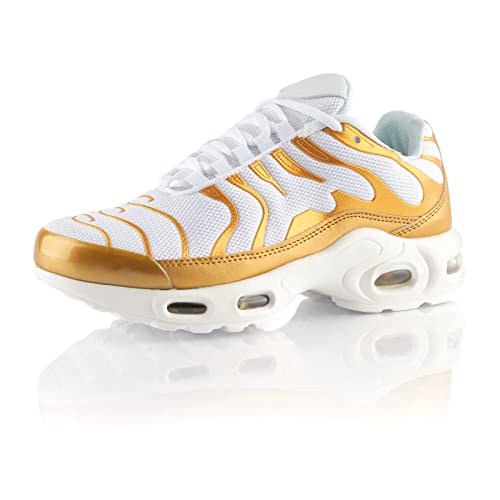 Fusskleidung® Damen Herren Sportschuhe Dämpfung Sneaker leichte Laufschuhe Weiß Gold EU 45 von Fusskleidung