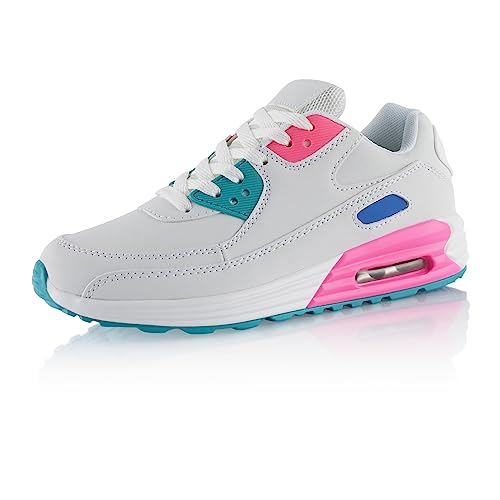 Fusskleidung® Damen Herren Sportschuhe Dämpfung Sneaker leichte Laufschuhe Weiss Pink Blau EU 38 von Fusskleidung
