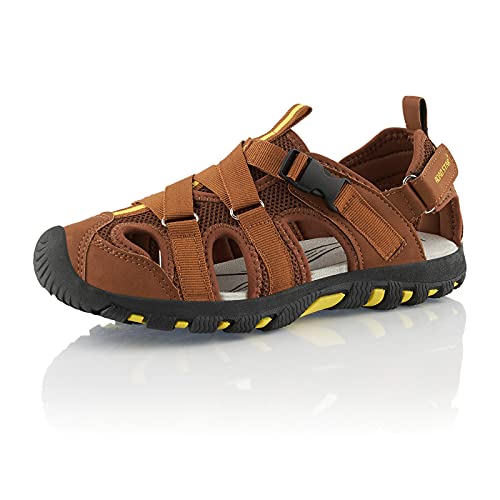 Fusskleidung® Damen Herren Trekkingsandalen leichte Sommer Sandalen robuste Profilsohle Braun Gelb EU 38 von Fusskleidung