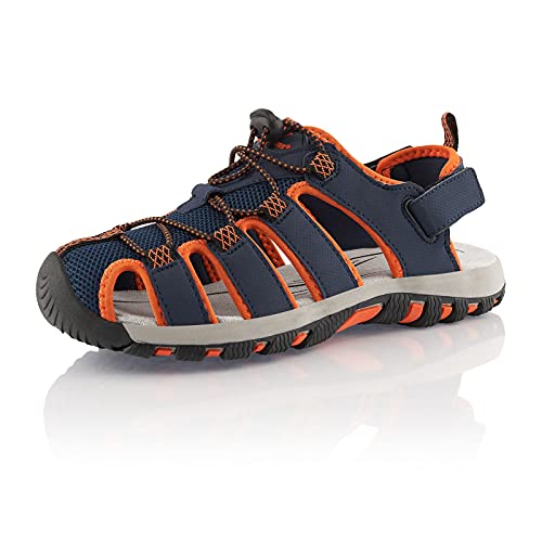 Fusskleidung® Damen Herren Trekkingsandalen leichte Sommer Sandalen robuste Profilsohle Blau Orange EU 38 von Fusskleidung