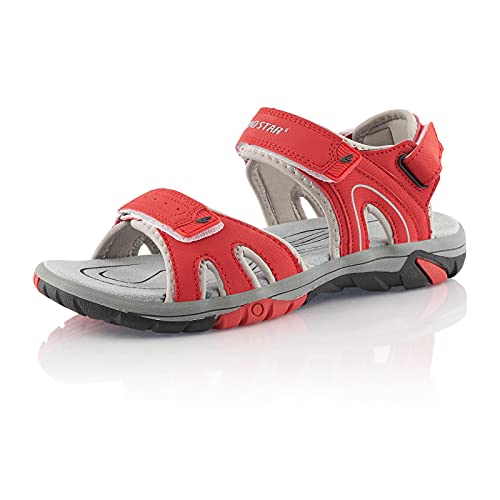 Fusskleidung® Damen Herren Trekkingsandalen leichte Sommer Sandalen robuste Profilsohle Rot Grau EU 38 von Fusskleidung