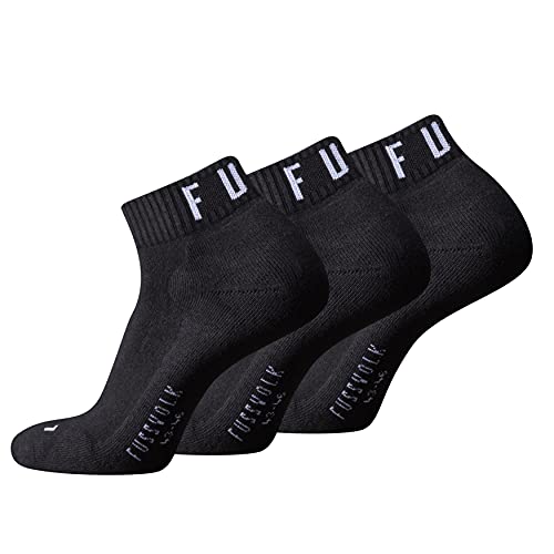 Fussvolk Quarter Socks 3 Pack Box black - Sneakersocken für Sport und Freizeit, unisex, schwarz, 35 – 38, knöchelhoch, elastisch und weich mit Frottee von Fussvolk