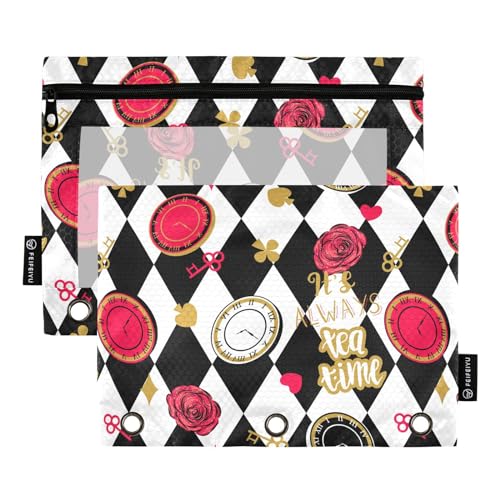 Fustylead Alice Schachbrett Federmäppchen mit großem Fassungsvermögen, passend für 3-Ringbinder, wasserdichtes Federmäppchen mit transparentem Fenster für Schule, Klasse, Büro, Kinderbedarf, 2 Stück von Fustylead