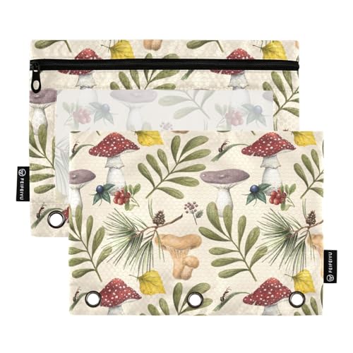 Fustylead Amazing Forest Herbs and Various Mushrooms Pencil Pouch Fits Standard 3-Ring Binders, Zipper Binder Pencil Bag with Clear Window for Office Class 2 Pack, beige von Fustylead