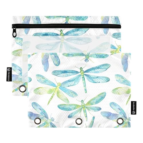 Fustylead Aquarell-Bleistifttasche mit Libellen-Motiv, blaugrün, für 3 Ringe, Federmäppchen mit Reißverschluss, transparentes Fenster für Büro-Kosmetikbedarf, 2 Stück, multi von Fustylead