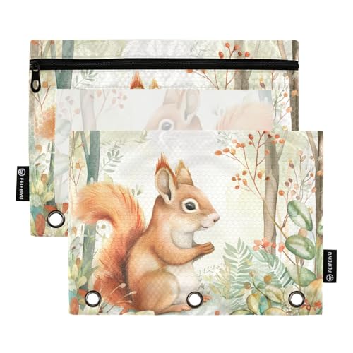 Fustylead Aquarell-Federmäppchen mit Eichhörnchen-Beeren, Blumenblättern, für 3-Ringbinder, Reißverschluss-Federmäppchen mit transparentem Fenster, Organizer für Kosmetik, Büro, 2 Stück, mehrfarbig von Fustylead