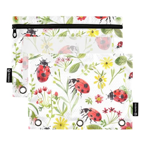 Fustylead Aquarell-Marienkäfer-Blumen-Federmäppchen für 3-Ringbinder, Reißverschlusstasche mit transparentem Fenster, Federmäppchen für Zuhause, Büro, 2 Stück, multi von Fustylead