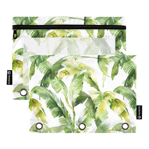 Fustylead Aquarell-grünes Federmäppchen mit tropischen Blättern, passend für Standard-3-Ring-Ordner, Reißverschluss-Bleistifttasche mit transparentem Fenster für Bürokosmetik, 2 Stück, mehrfarbig von Fustylead
