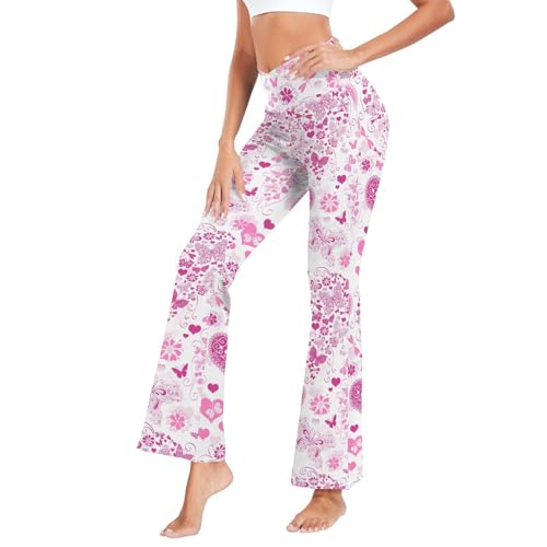 Fustylead Blumen mit Herzen und Schmetterlingen Damen Bootcut Yogahose Kreuz Hohe Taille Bell Ausgestellte Hosen, weiß, L von Fustylead