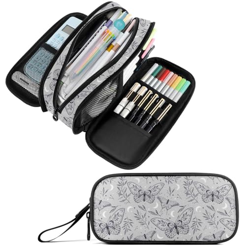 Fustylead Boho Magic Grey Space Elements Stars Butterflies Large Pencil Case Portable Stationery Bag Cosmetics Bag with Handle for School Office Travel, grau, Einheitsgröße, Tragbar von Fustylead