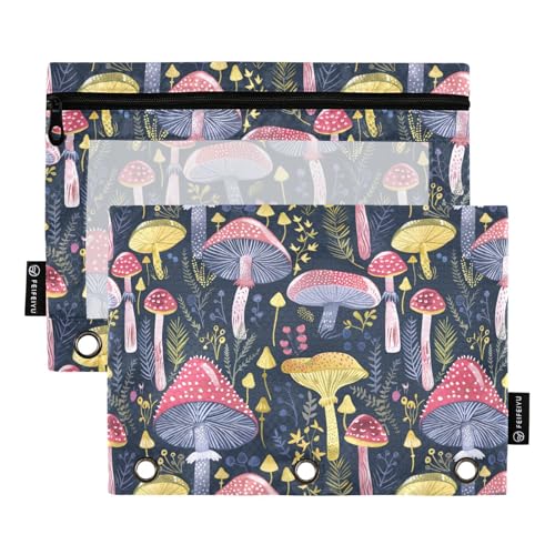 Fustylead Boho-Pilz-Bleistifttasche für 3 Ringe, Federmäppchen mit Reißverschluss, transparentes Fenster für Büro-Kosmetikbedarf, 2 Stück, mehrfarbig von Fustylead