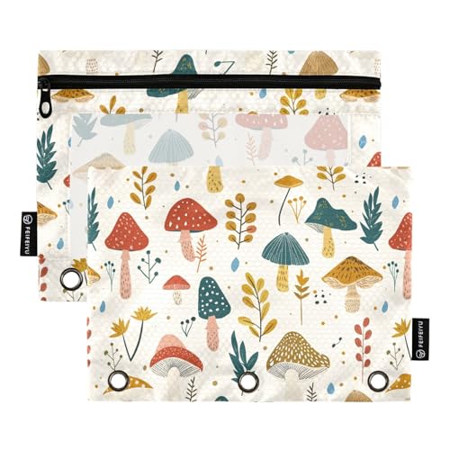 Fustylead Boho-Stifttasche mit Pilz und Blättern, Beige, für 3 Ringe, Bleistiftbeutel mit Reißverschluss, transparentes Fenster für Büro-Kosmetikbedarf, 2 Stück, mehrfarbig von Fustylead