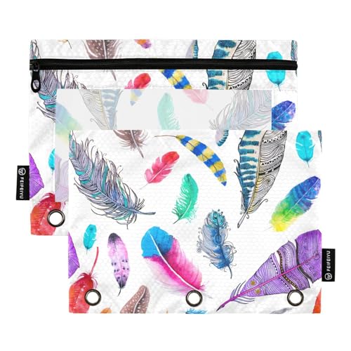 Fustylead Bunte Aquarell-Bleistifttasche mit schönen böhmischen Federn, für 3 Ringe, Bleistiftbeutel mit Reißverschluss, transparentes Fenster für Büro-Kosmetikbedarf, 2 Stück, weiß von Fustylead